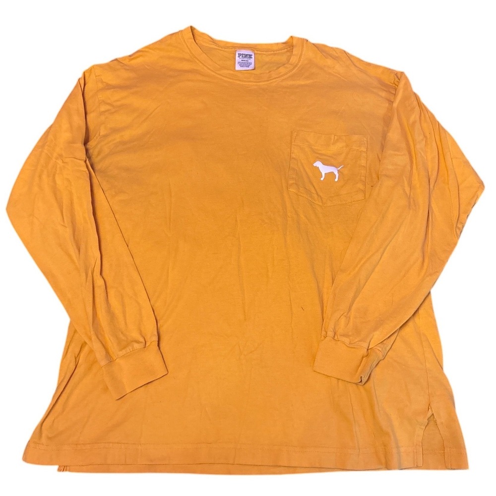 PINK Victoria's‎ Secret Women Yellow Long Sleeve Pocket Campus Tee Shirt, Medium